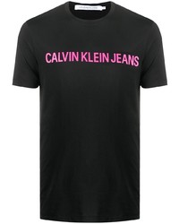 schwarzes bedrucktes T-Shirt mit einem Rundhalsausschnitt von Calvin Klein Jeans