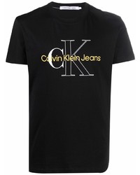 schwarzes bedrucktes T-Shirt mit einem Rundhalsausschnitt von Calvin Klein Jeans