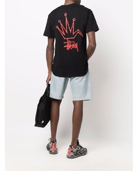 schwarzes bedrucktes T-Shirt mit einem Rundhalsausschnitt von Stussy