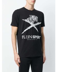 schwarzes bedrucktes T-Shirt mit einem Rundhalsausschnitt von Plein Sport