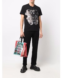 schwarzes bedrucktes T-Shirt mit einem Rundhalsausschnitt von Comme Des Garcons Homme Plus