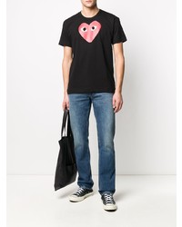 schwarzes bedrucktes T-Shirt mit einem Rundhalsausschnitt von Comme Des Garcons Play