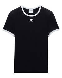 schwarzes bedrucktes T-Shirt mit einem Rundhalsausschnitt von Courrèges