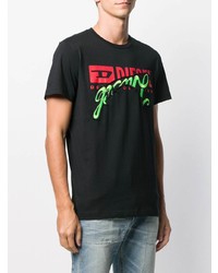 schwarzes bedrucktes T-Shirt mit einem Rundhalsausschnitt von Diesel