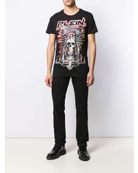 schwarzes bedrucktes T-Shirt mit einem Rundhalsausschnitt von Philipp Plein