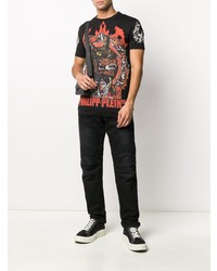 schwarzes bedrucktes T-Shirt mit einem Rundhalsausschnitt von Philipp Plein