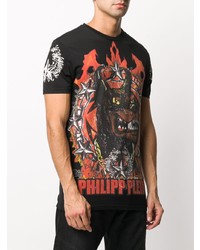 schwarzes bedrucktes T-Shirt mit einem Rundhalsausschnitt von Philipp Plein