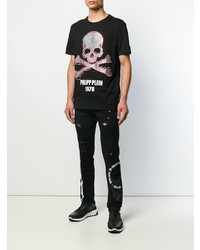 schwarzes bedrucktes T-Shirt mit einem Rundhalsausschnitt von Philipp Plein