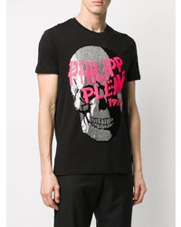 schwarzes bedrucktes T-Shirt mit einem Rundhalsausschnitt von Philipp Plein