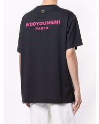 schwarzes bedrucktes T-Shirt mit einem Rundhalsausschnitt von Wooyoungmi