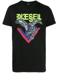schwarzes bedrucktes T-Shirt mit einem Rundhalsausschnitt von Diesel