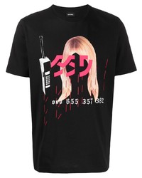 schwarzes bedrucktes T-Shirt mit einem Rundhalsausschnitt von Diesel