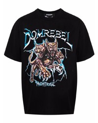 schwarzes bedrucktes T-Shirt mit einem Rundhalsausschnitt von DOMREBEL