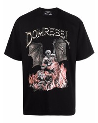 schwarzes bedrucktes T-Shirt mit einem Rundhalsausschnitt von DOMREBEL