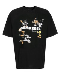 schwarzes bedrucktes T-Shirt mit einem Rundhalsausschnitt von DOMREBEL