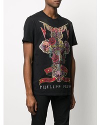 schwarzes bedrucktes T-Shirt mit einem Rundhalsausschnitt von Philipp Plein