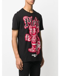 schwarzes bedrucktes T-Shirt mit einem Rundhalsausschnitt von Philipp Plein