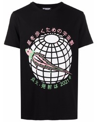 schwarzes bedrucktes T-Shirt mit einem Rundhalsausschnitt von Enterprise Japan