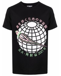 schwarzes bedrucktes T-Shirt mit einem Rundhalsausschnitt von Enterprise Japan