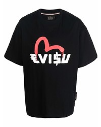 schwarzes bedrucktes T-Shirt mit einem Rundhalsausschnitt von Evisu