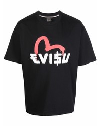 schwarzes bedrucktes T-Shirt mit einem Rundhalsausschnitt von Evisu