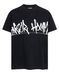 schwarzes bedrucktes T-Shirt mit einem Rundhalsausschnitt von Flaneur Homme