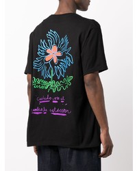 schwarzes bedrucktes T-Shirt mit einem Rundhalsausschnitt von Stussy