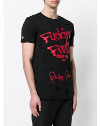 schwarzes bedrucktes T-Shirt mit einem Rundhalsausschnitt von Philipp Plein