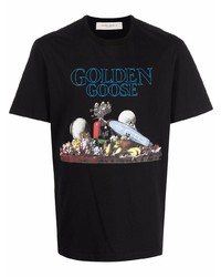 schwarzes bedrucktes T-Shirt mit einem Rundhalsausschnitt von Golden Goose