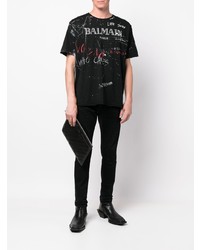 schwarzes bedrucktes T-Shirt mit einem Rundhalsausschnitt von Balmain