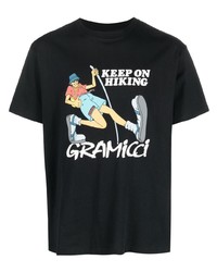 schwarzes bedrucktes T-Shirt mit einem Rundhalsausschnitt von Gramicci