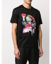 schwarzes bedrucktes T-Shirt mit einem Rundhalsausschnitt von Les Hommes