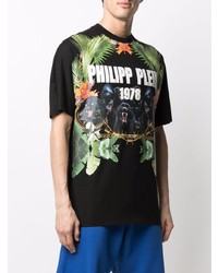 schwarzes bedrucktes T-Shirt mit einem Rundhalsausschnitt von Philipp Plein