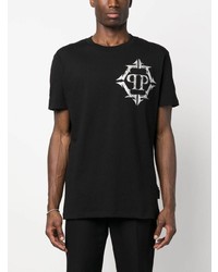 schwarzes bedrucktes T-Shirt mit einem Rundhalsausschnitt von Philipp Plein