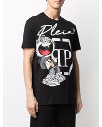 schwarzes bedrucktes T-Shirt mit einem Rundhalsausschnitt von Philipp Plein