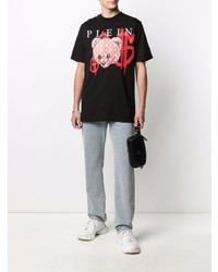 schwarzes bedrucktes T-Shirt mit einem Rundhalsausschnitt von Philipp Plein