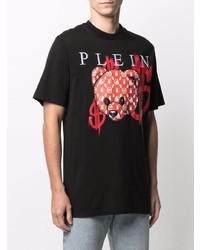 schwarzes bedrucktes T-Shirt mit einem Rundhalsausschnitt von Philipp Plein