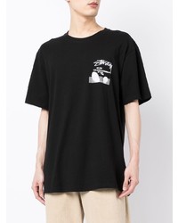 schwarzes bedrucktes T-Shirt mit einem Rundhalsausschnitt von Stussy