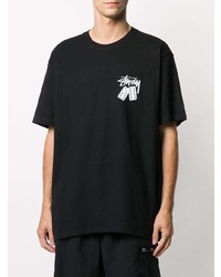 schwarzes bedrucktes T-Shirt mit einem Rundhalsausschnitt von Stussy
