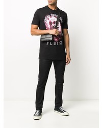 schwarzes bedrucktes T-Shirt mit einem Rundhalsausschnitt von Philipp Plein