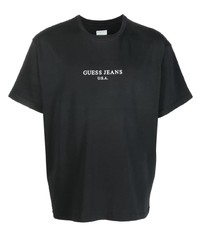 schwarzes bedrucktes T-Shirt mit einem Rundhalsausschnitt von GUESS USA