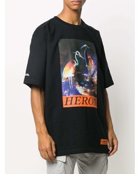 schwarzes bedrucktes T-Shirt mit einem Rundhalsausschnitt von Heron Preston