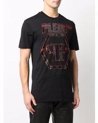 schwarzes bedrucktes T-Shirt mit einem Rundhalsausschnitt von Philipp Plein