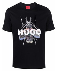 schwarzes bedrucktes T-Shirt mit einem Rundhalsausschnitt von Hugo