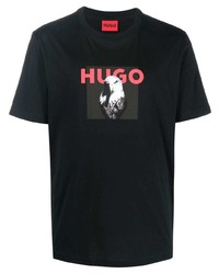 schwarzes bedrucktes T-Shirt mit einem Rundhalsausschnitt von Hugo