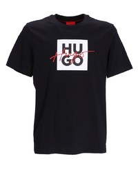 schwarzes bedrucktes T-Shirt mit einem Rundhalsausschnitt von Hugo