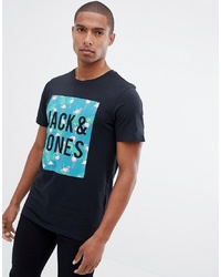 schwarzes bedrucktes T-Shirt mit einem Rundhalsausschnitt von Jack & Jones