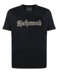 schwarzes bedrucktes T-Shirt mit einem Rundhalsausschnitt von John Richmond