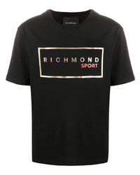 schwarzes bedrucktes T-Shirt mit einem Rundhalsausschnitt von John Richmond