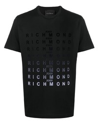 schwarzes bedrucktes T-Shirt mit einem Rundhalsausschnitt von John Richmond